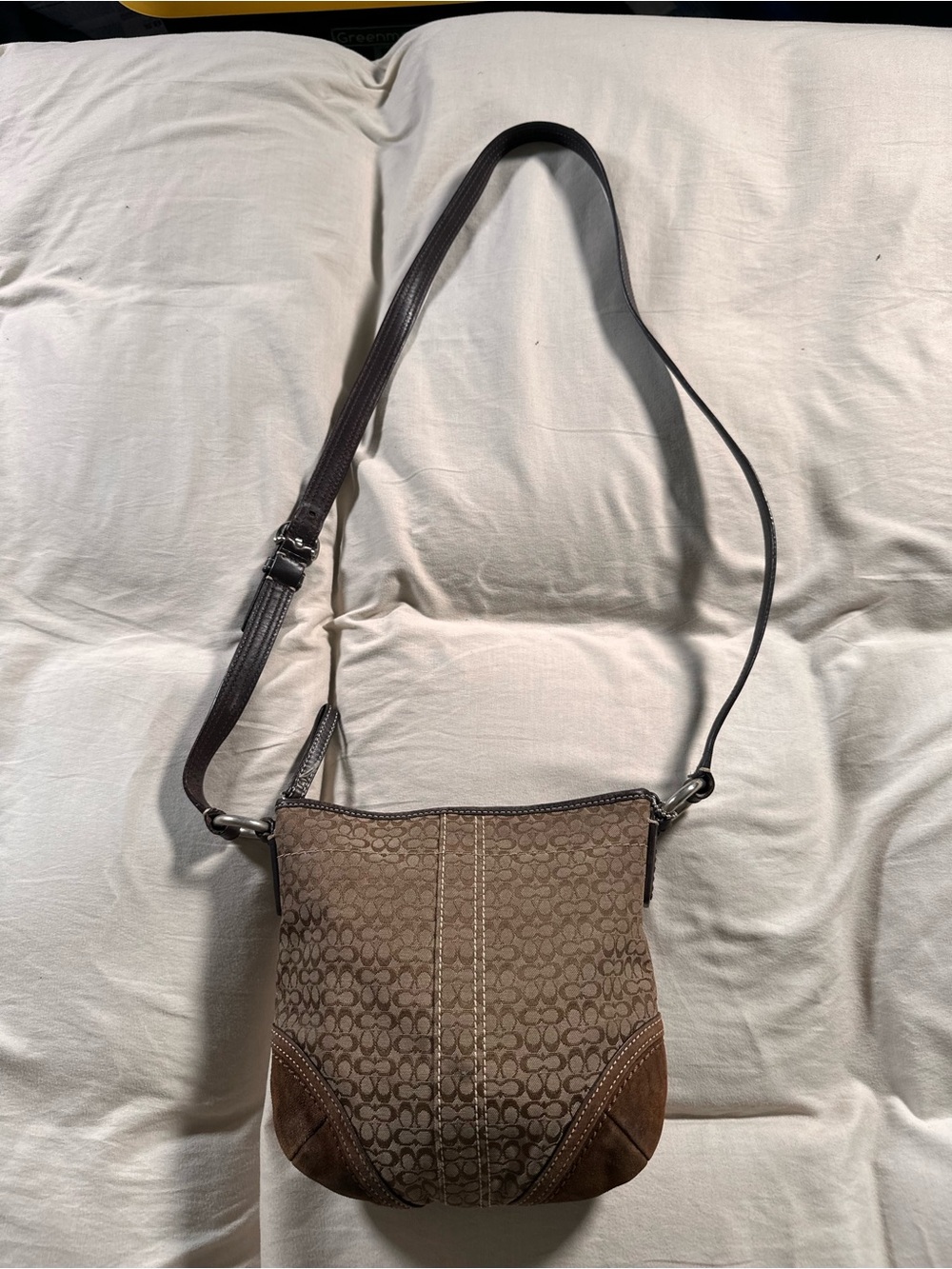 Coach Signature C Small Crossbody Brown Tan Suede Trim Retro Chic Y2K 7x7x3